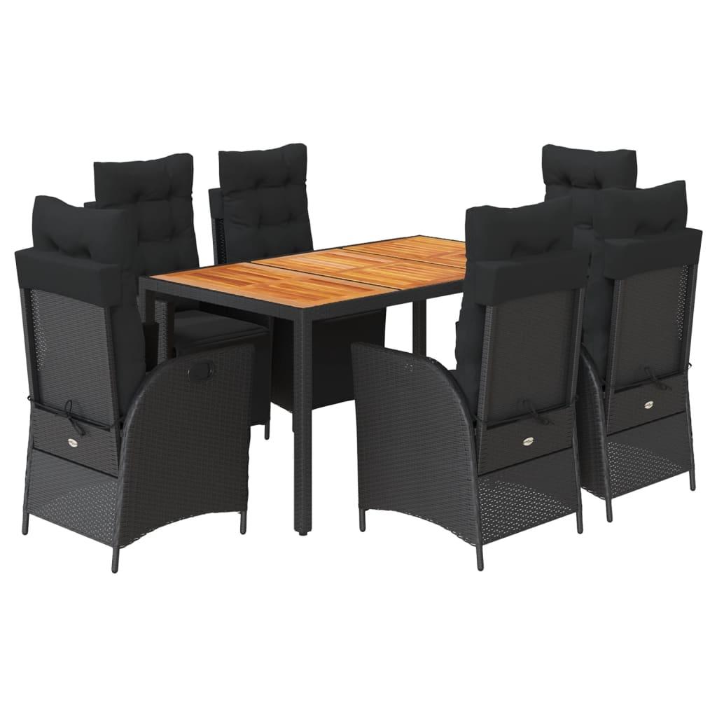 7 Piece Garden Dining Set with Cushions Black Poly Rattan