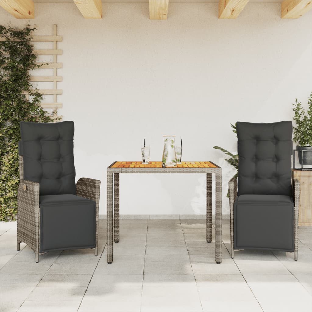 3 Piece Garden Dining Set with Cushions Grey Poly Rattan