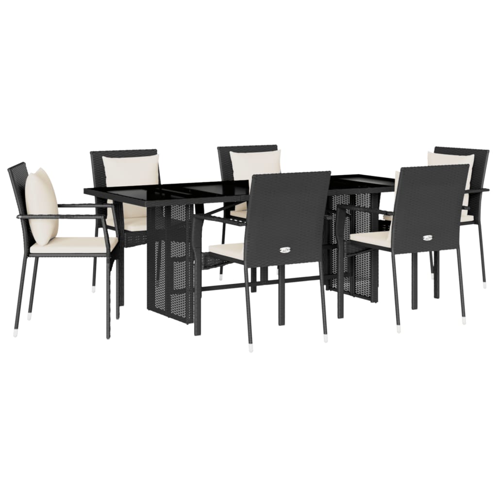 7 Piece Garden Dining Set with Cushions Black Poly Rattan