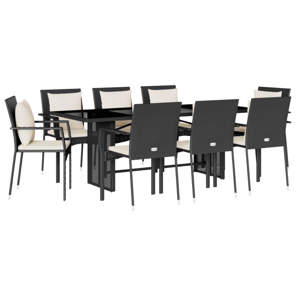 9 Piece Garden Dining Set with Cushions Black Poly Rattan