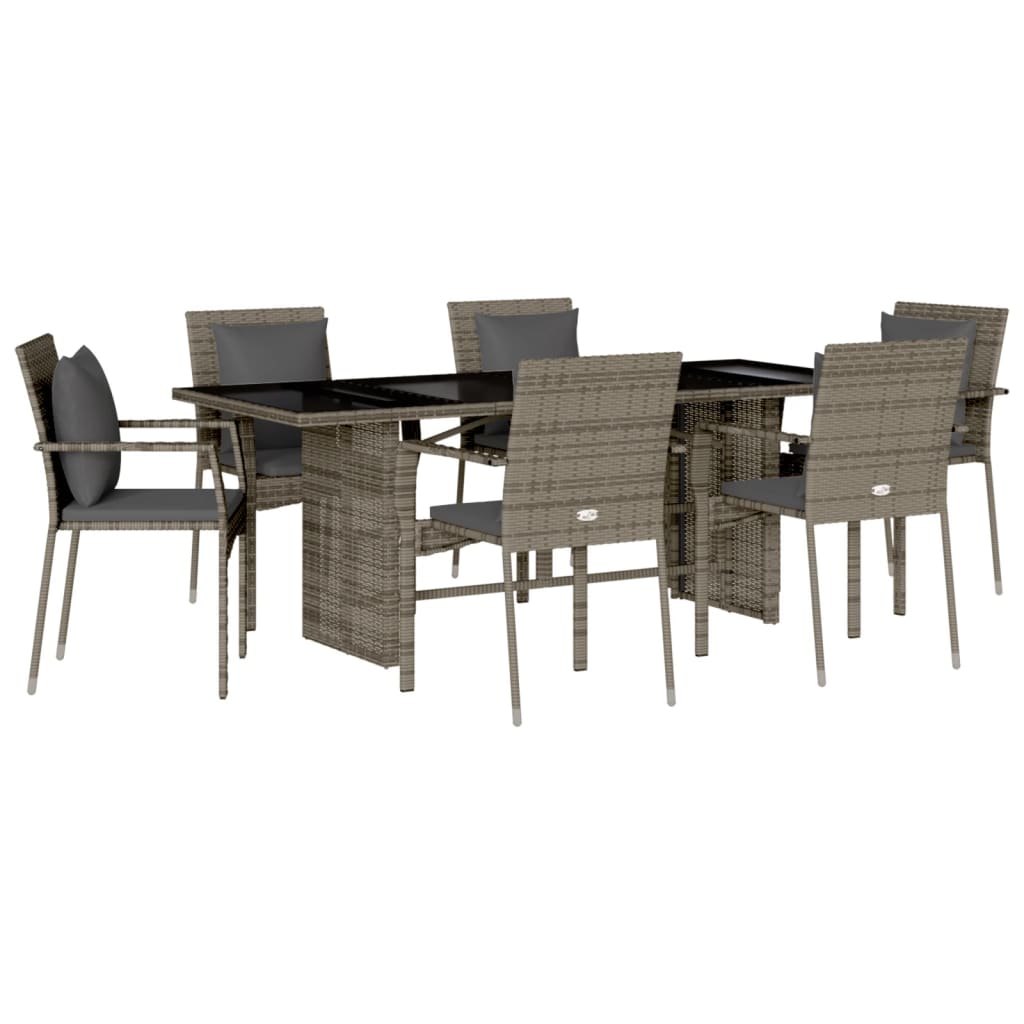 7 Piece Garden Dining Set with Cushions Grey Poly Rattan