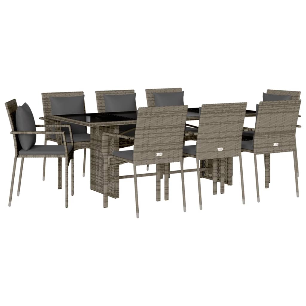 9 Piece Garden Dining Set with Cushions Grey Poly Rattan