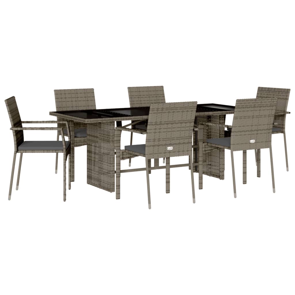 7 Piece Garden Dining Set with Cushions Grey Poly Rattan