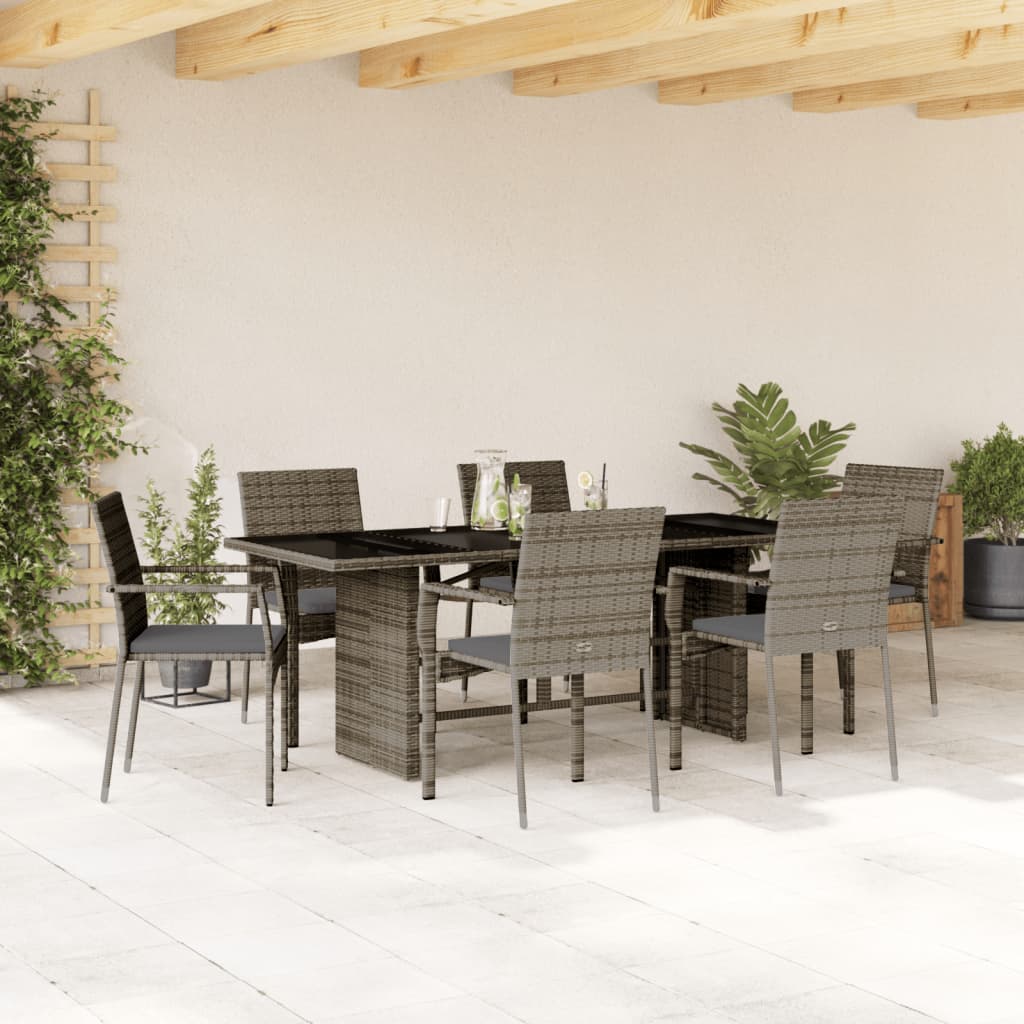 7 Piece Garden Dining Set with Cushions Grey Poly Rattan