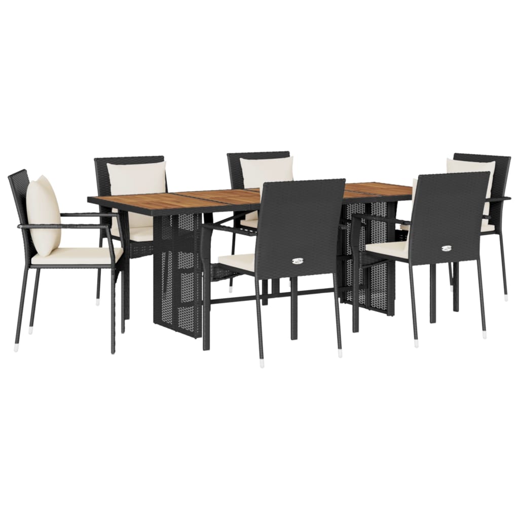 7 Piece Garden Dining Set with Cushions Black Poly Rattan