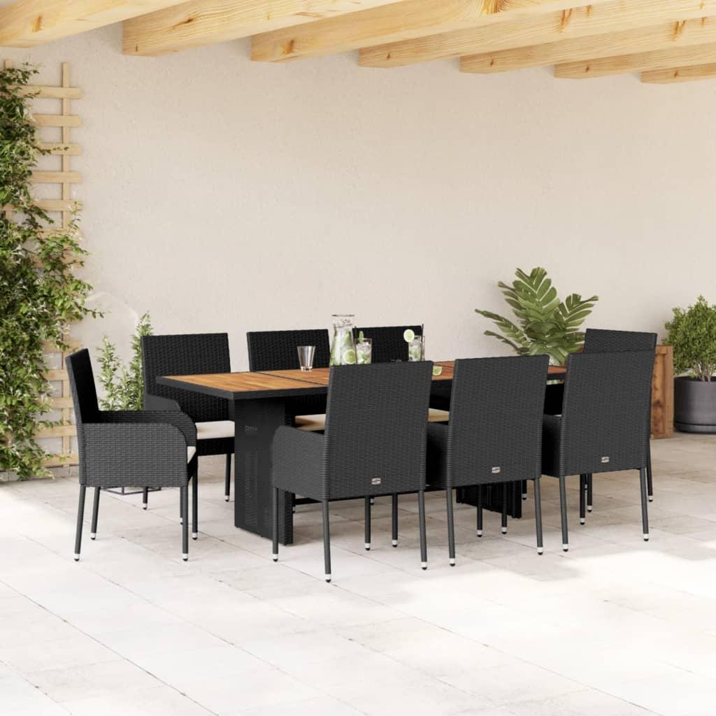 9 Piece Garden Dining Set with Cushions Black Poly Rattan