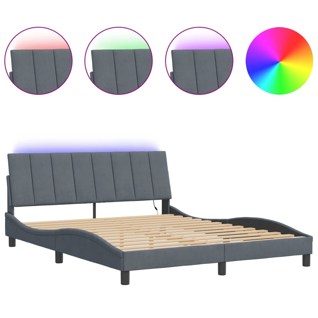 Bed Frame with LED without Mattress "Hanko" Dark Grey 152x203 cm Queen Velvet