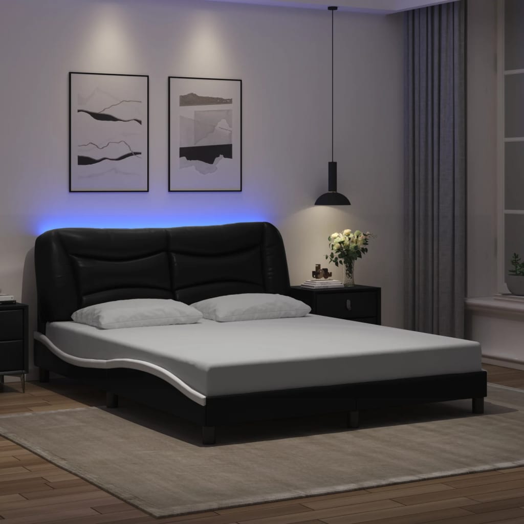 Bed Frame with LED without Mattress "Hvar" Black and White 152x203 cm