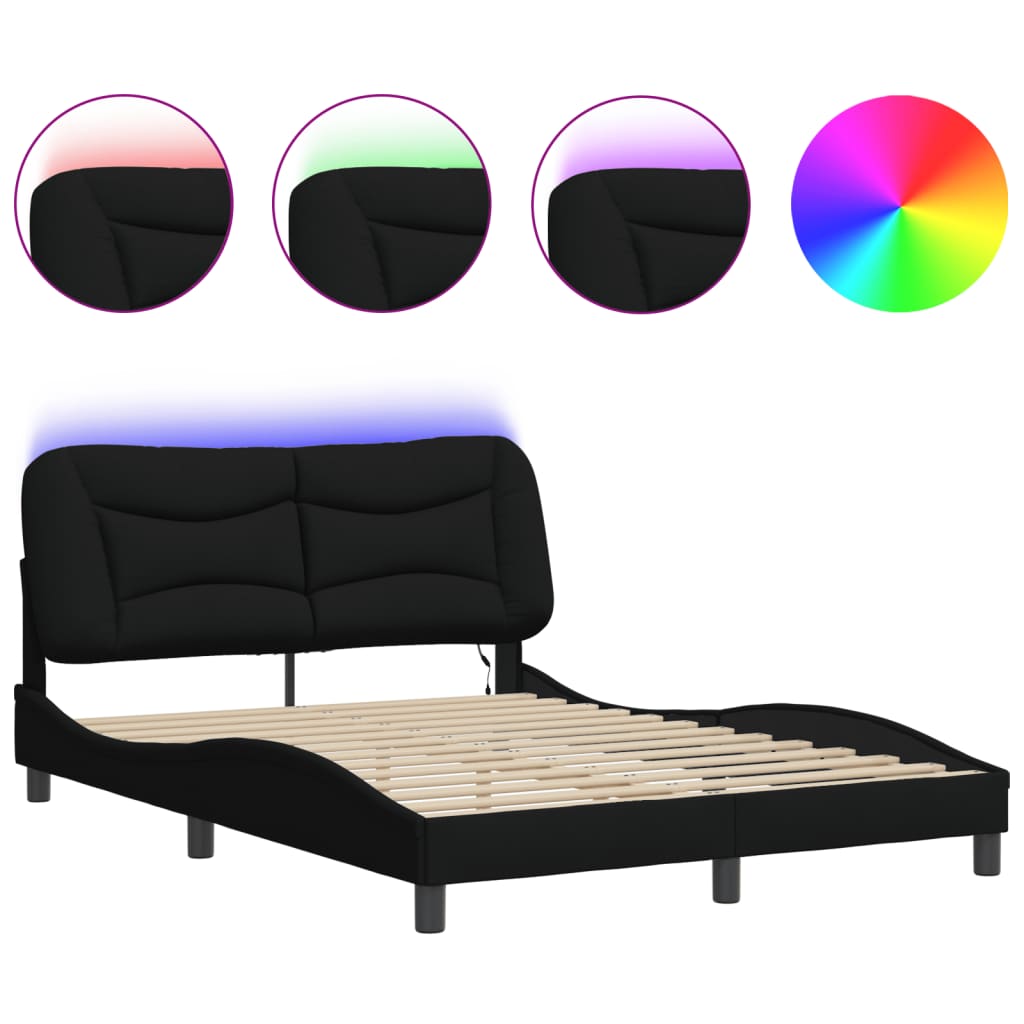 Bed Frame with LED without Mattress "Hvar" Black 137x190 cm Double Fabric