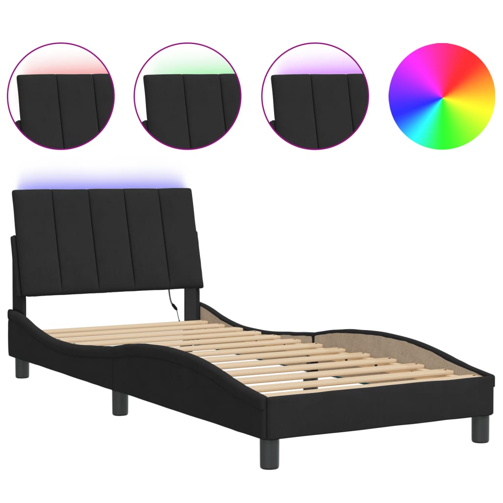 Bed Frame with LED without Mattress "Hanko" Black 90x190 cm Velvet