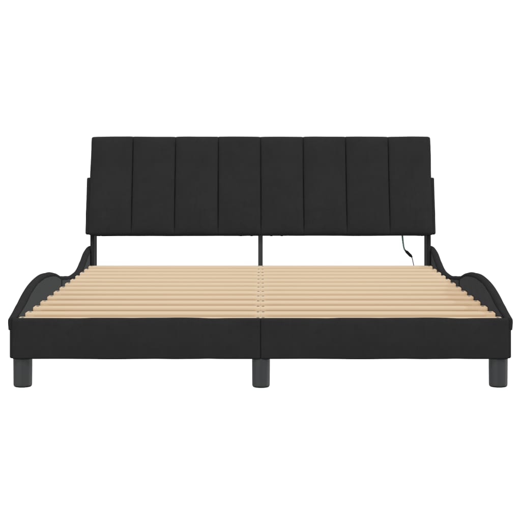 Bed Frame with LED without Mattress "Hanko" Black 152x203 cm Queen Velvet