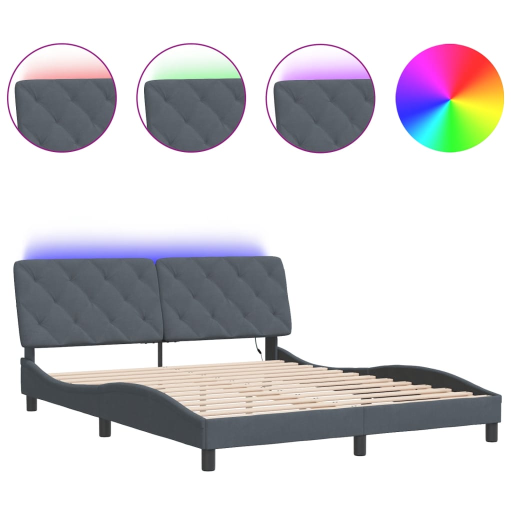 Bed Frame with LED without Mattress Dark Grey 152x203 cm Queen Velvet