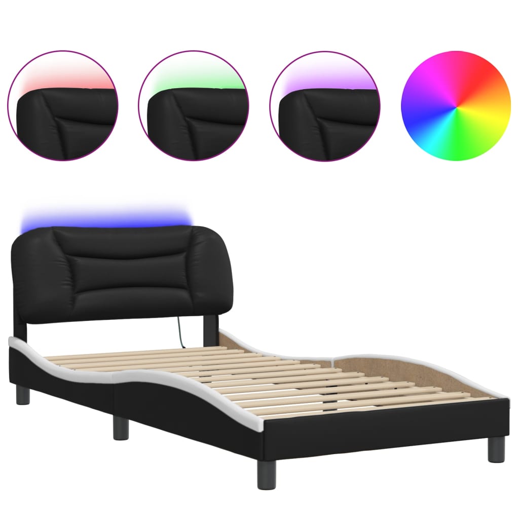 Bed Frame with LED without Mattress "Hvar" Black and White 107x203 cm