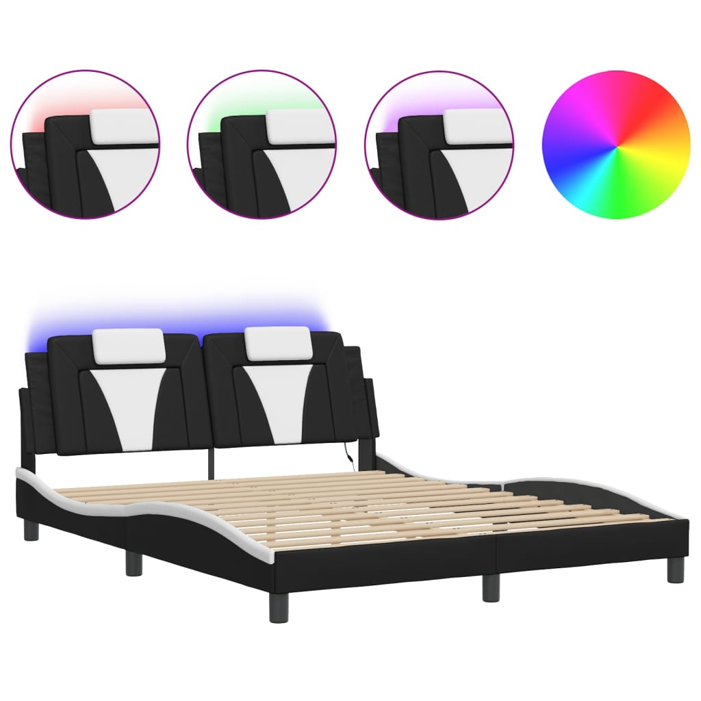 Bed Frame "Viana" with LED without Mattress Black and White 152x203 cm