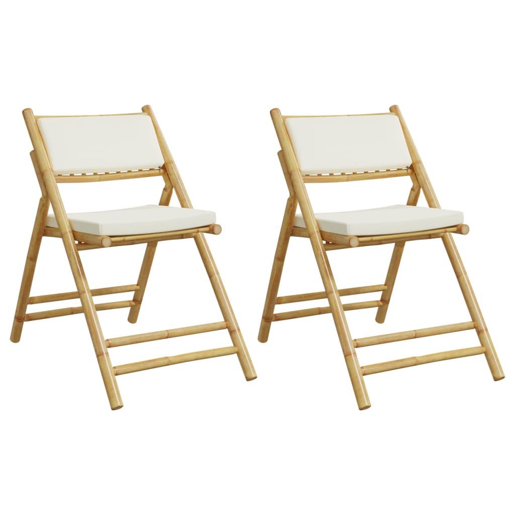 2 Piece Folding Bistro Chairs with Cream White Cushions Bamboo