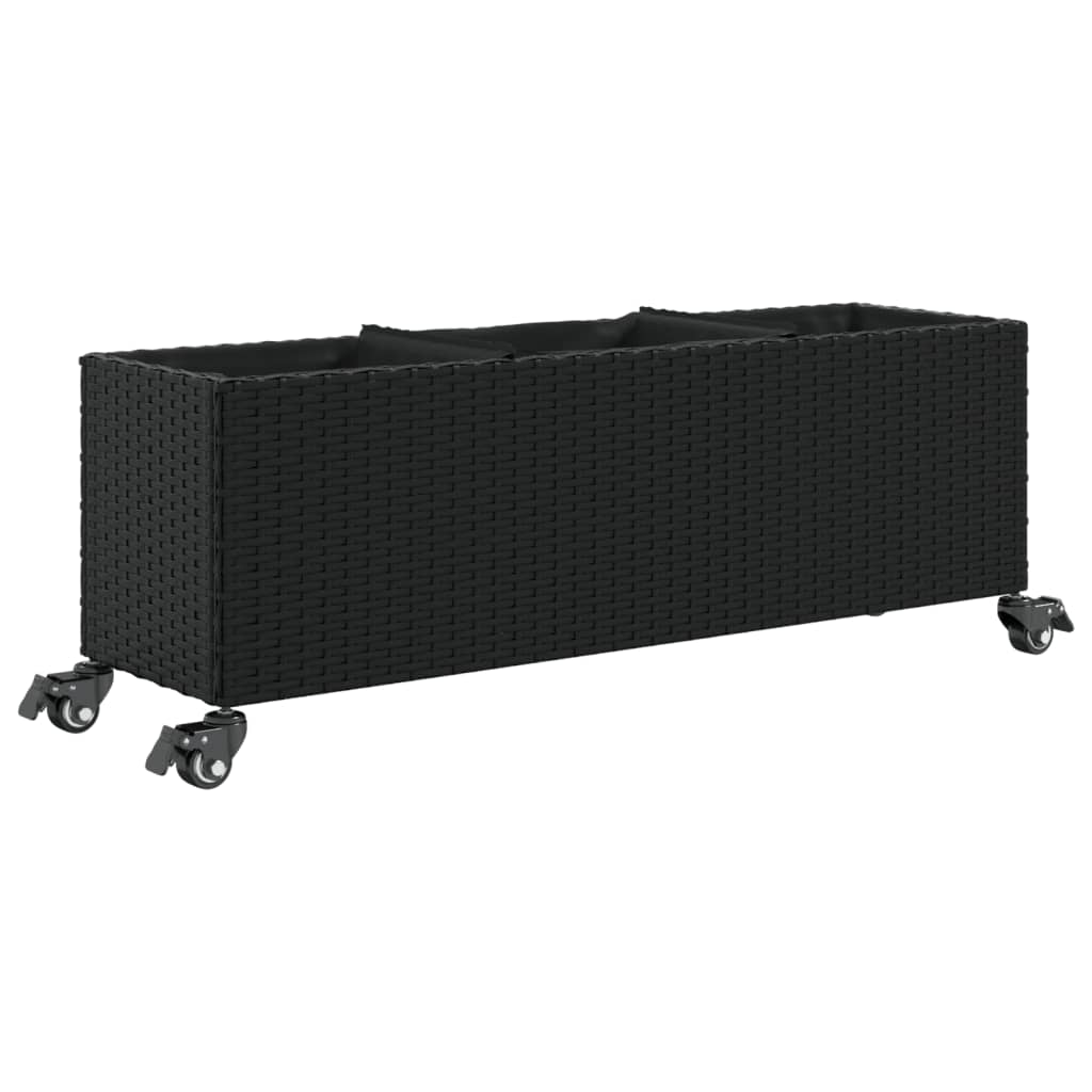 Garden Planter with Wheels and 3 Pots Black 107x32x38 cm Poly Rattan