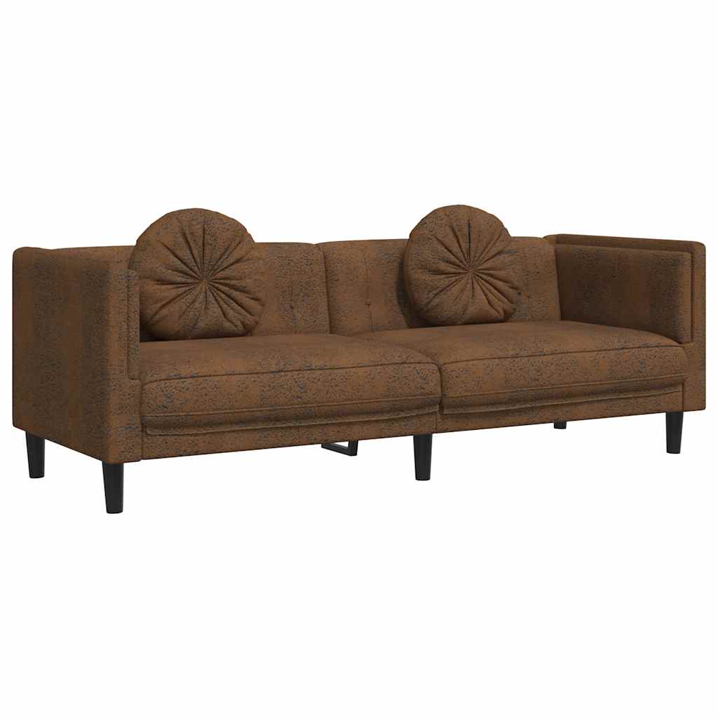 Sofa with Cushions 3-Seater Brown Faux Suede Leather