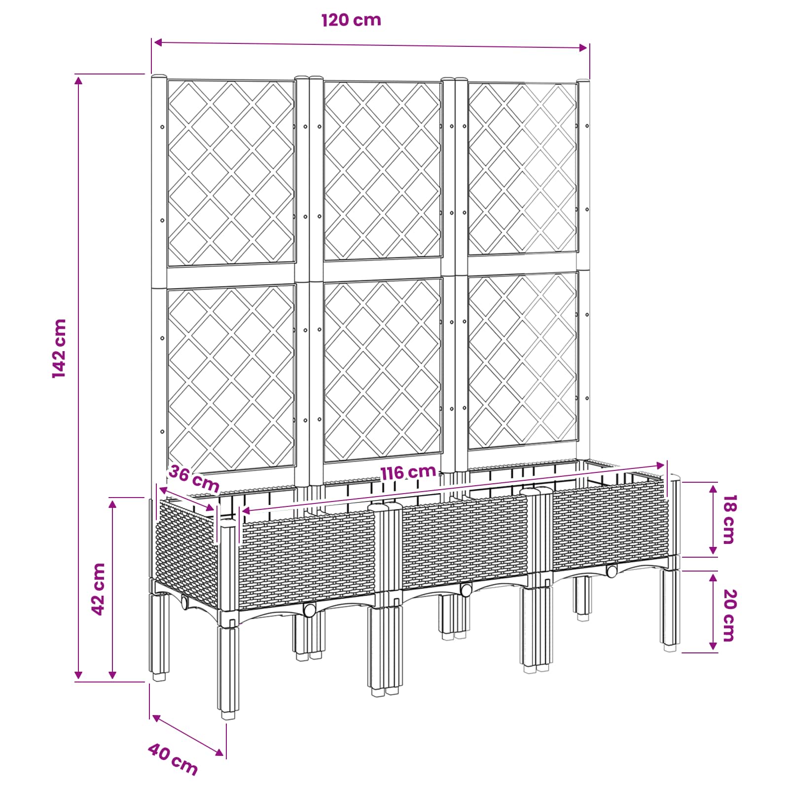 Garden Planter with Trellis Black 120x40x142 cm PP