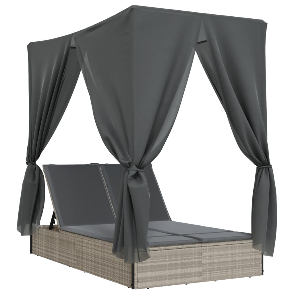 Double Sun Lounger with Roof&Curtains Light Grey Poly Rattan