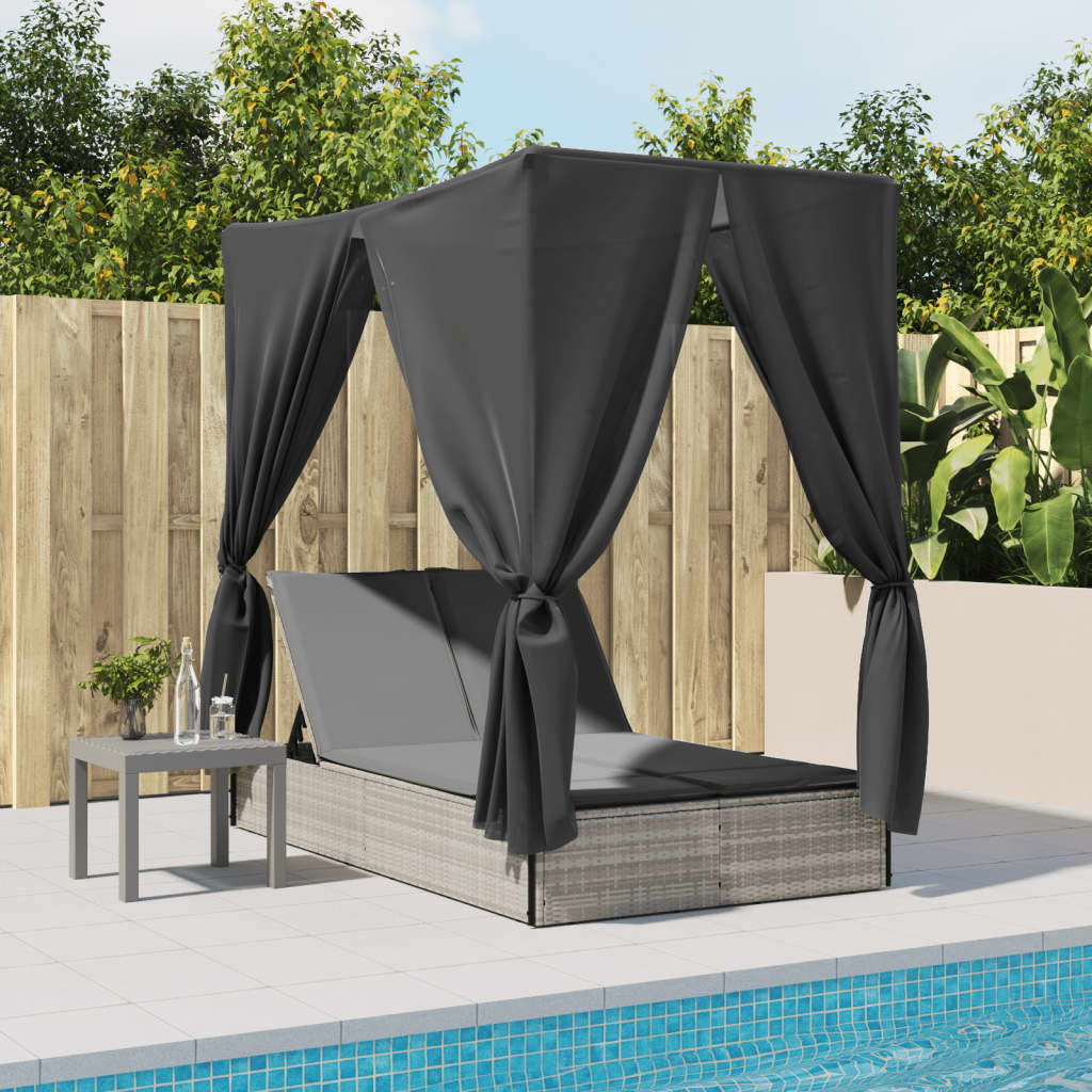Double Sun Lounger with Roof&Curtains Light Grey Poly Rattan
