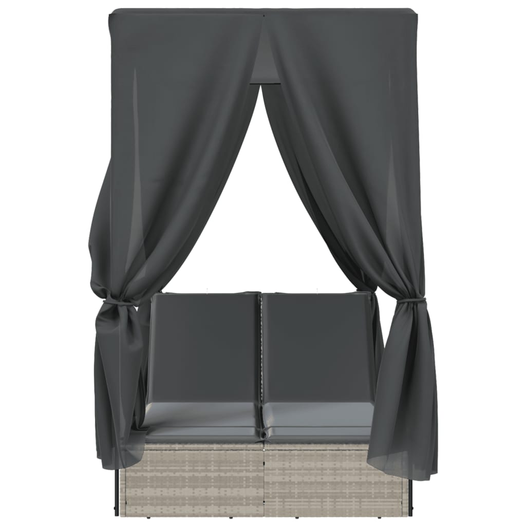 Double Sun Lounger with Roof&Curtains Light Grey Poly Rattan