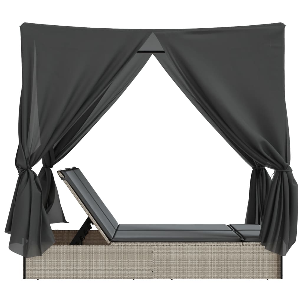 Double Sun Lounger with Roof&Curtains Light Grey Poly Rattan