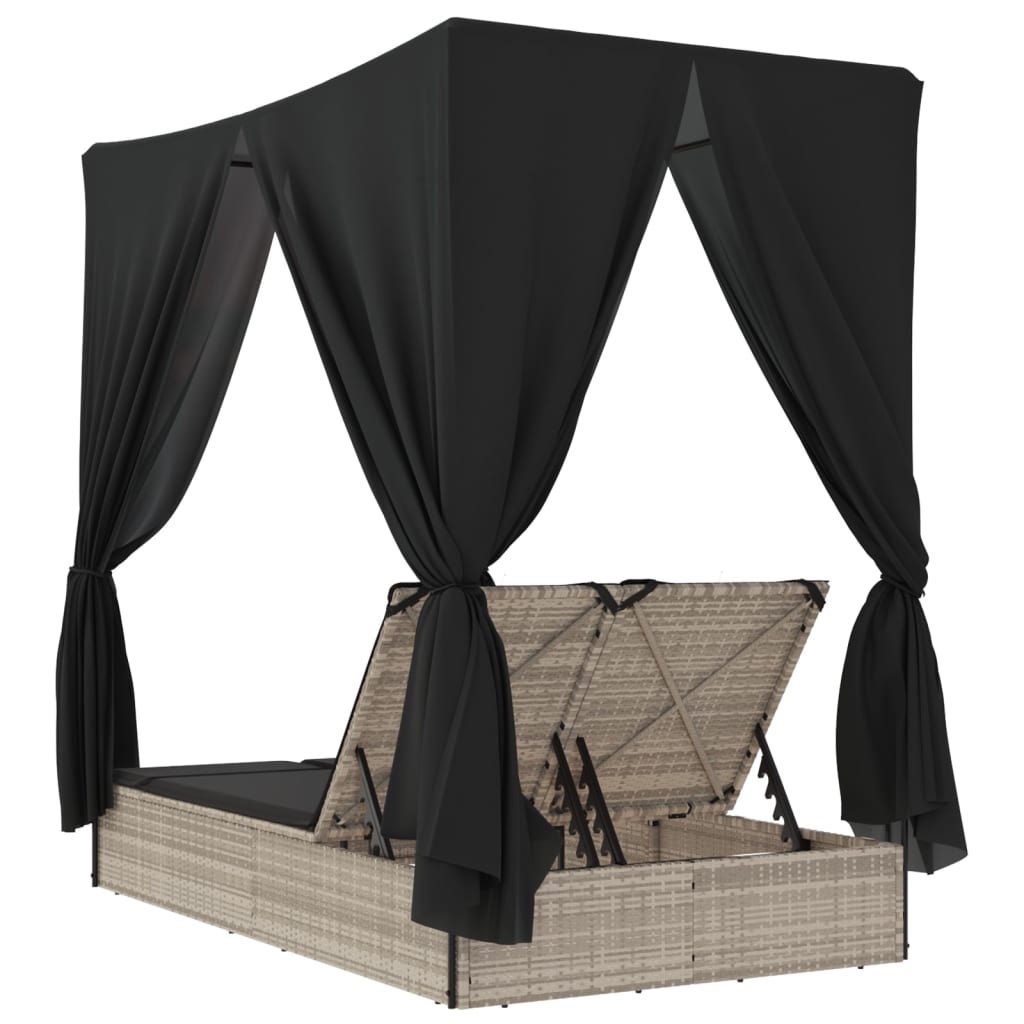 Double Sun Lounger with Roof&Curtains Light Grey Poly Rattan