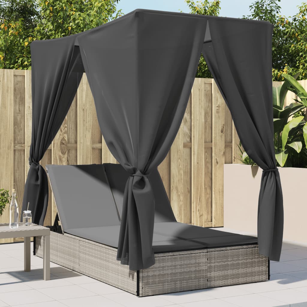 Double Sun Lounger with Roof&Curtains Light Grey Poly Rattan