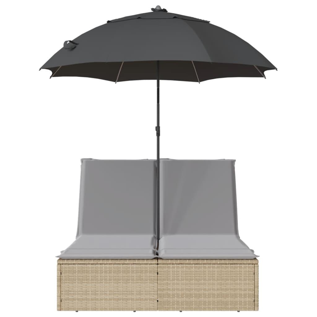 Double Sun Lounger with Cushions&Parasol Beige Poly Rattan