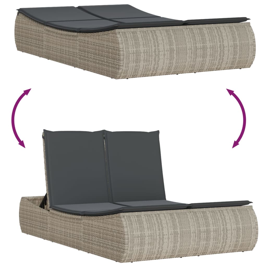 Double Sun Lounger with Cushions Light Grey Poly Rattan