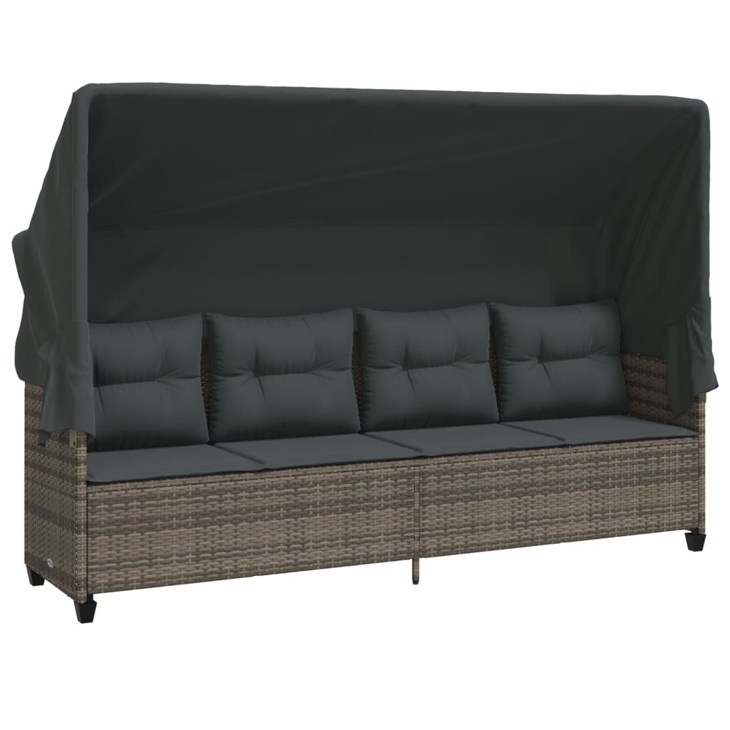 Sun Lounger with Canopy and Cushions Grey Poly Rattan