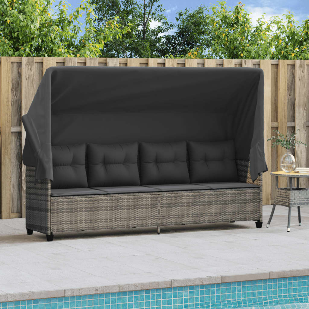 Sun Lounger with Canopy and Cushions Grey Poly Rattan