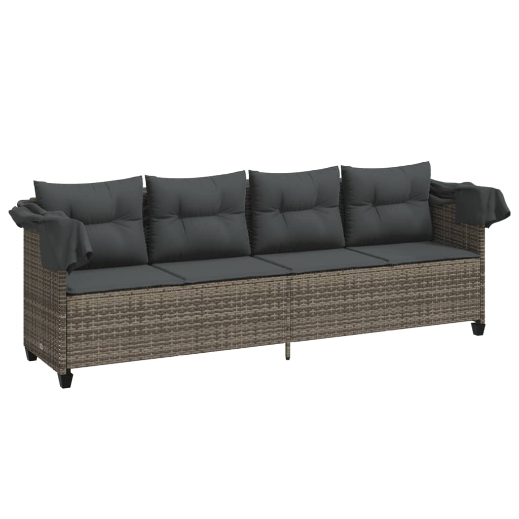 Sun Lounger with Canopy and Cushions Grey Poly Rattan