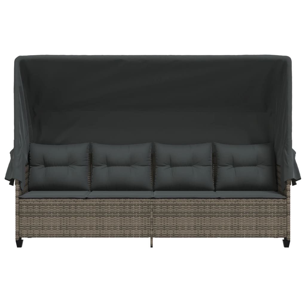 Sun Lounger with Canopy and Cushions Grey Poly Rattan