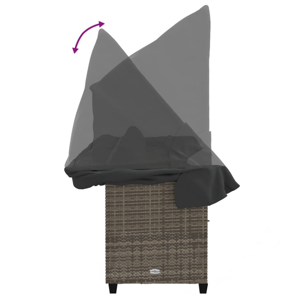 Sun Lounger with Canopy and Cushions Grey Poly Rattan