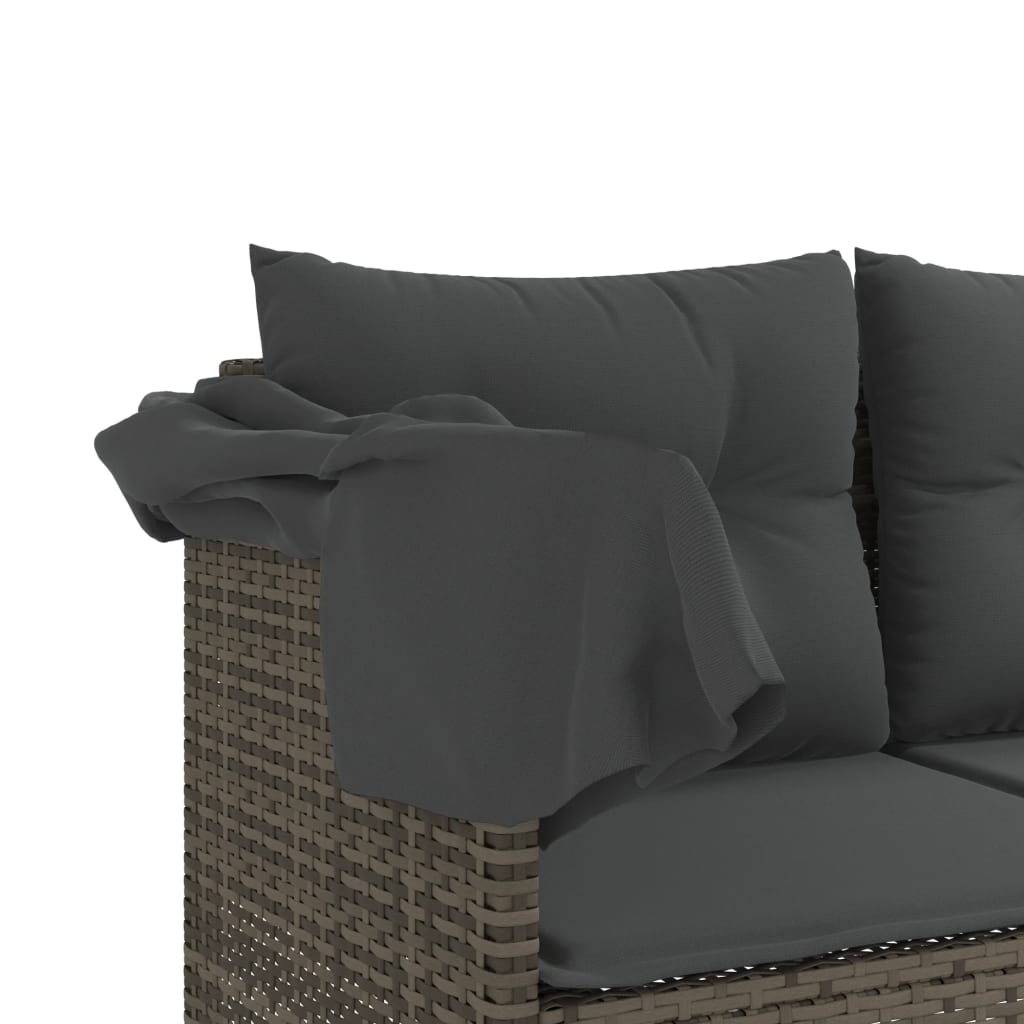 Sun Lounger with Canopy and Cushions Grey Poly Rattan