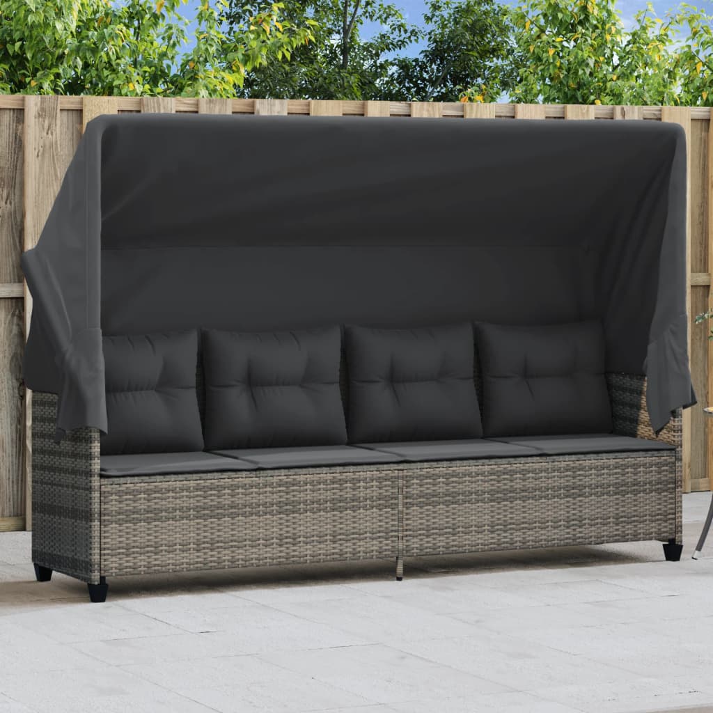 Sun Lounger with Canopy and Cushions Grey Poly Rattan
