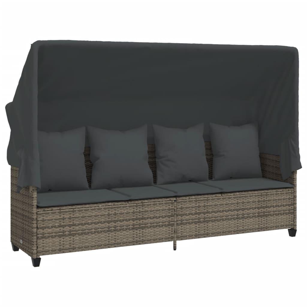 Sun Lounger with Canopy and Cushions Grey Poly Rattan