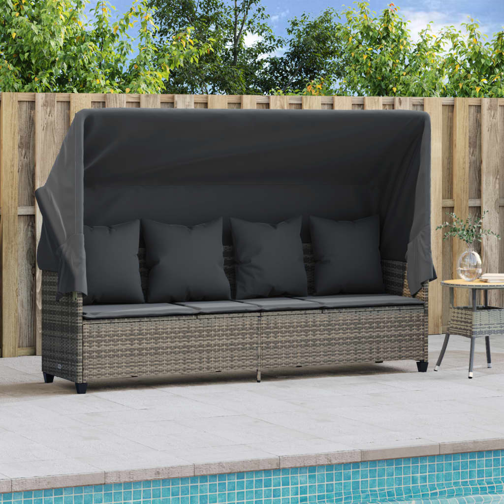 Sun Lounger with Canopy and Cushions Grey Poly Rattan