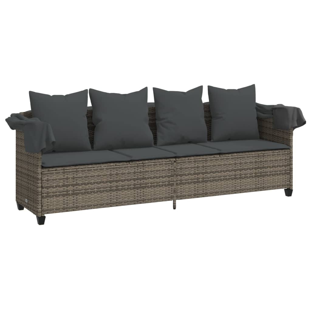 Sun Lounger with Canopy and Cushions Grey Poly Rattan