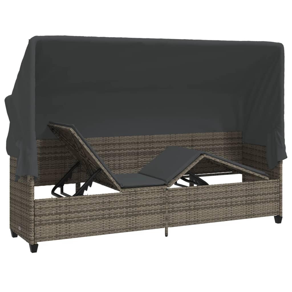Sun Lounger with Canopy and Cushions Grey Poly Rattan