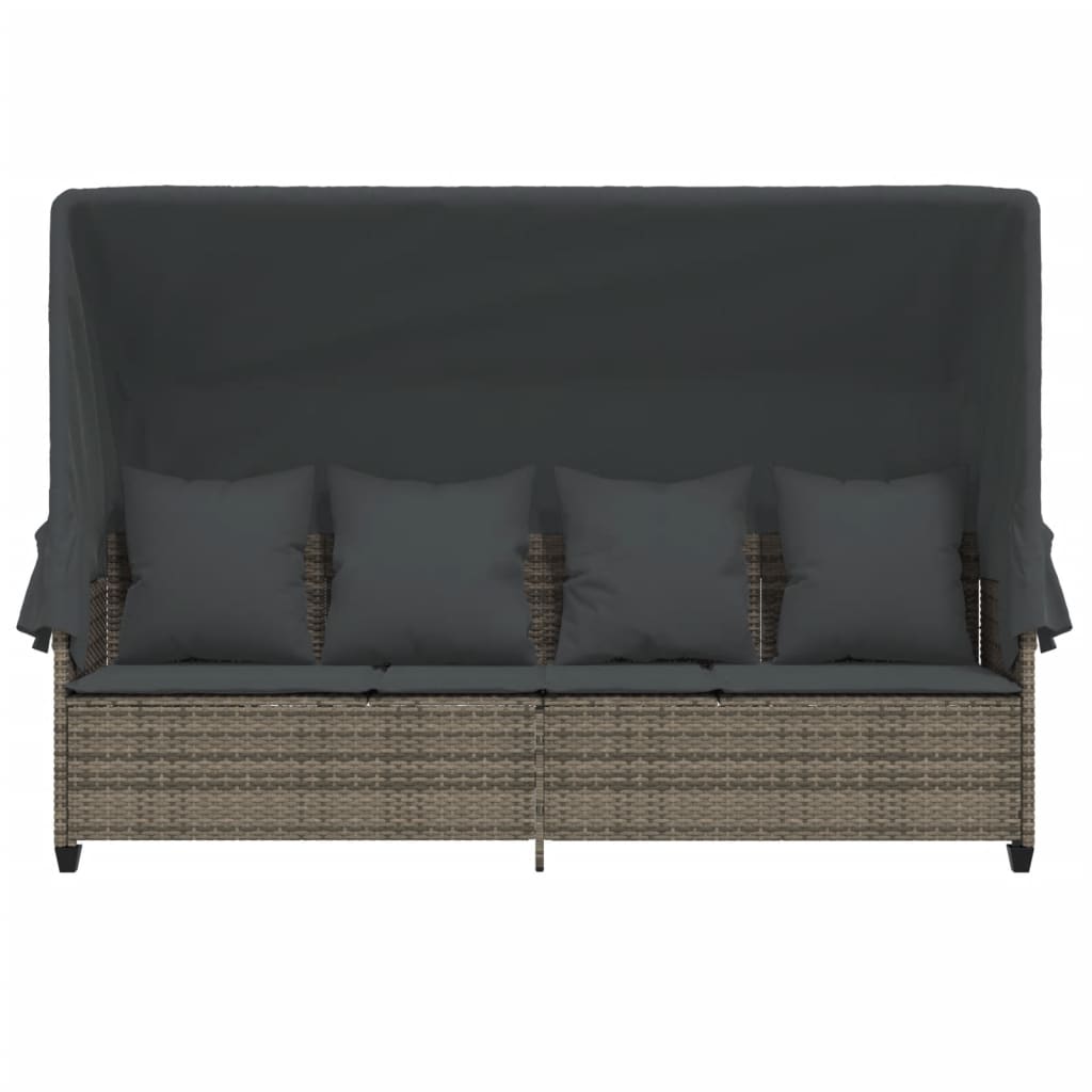Sun Lounger with Canopy and Cushions Grey Poly Rattan