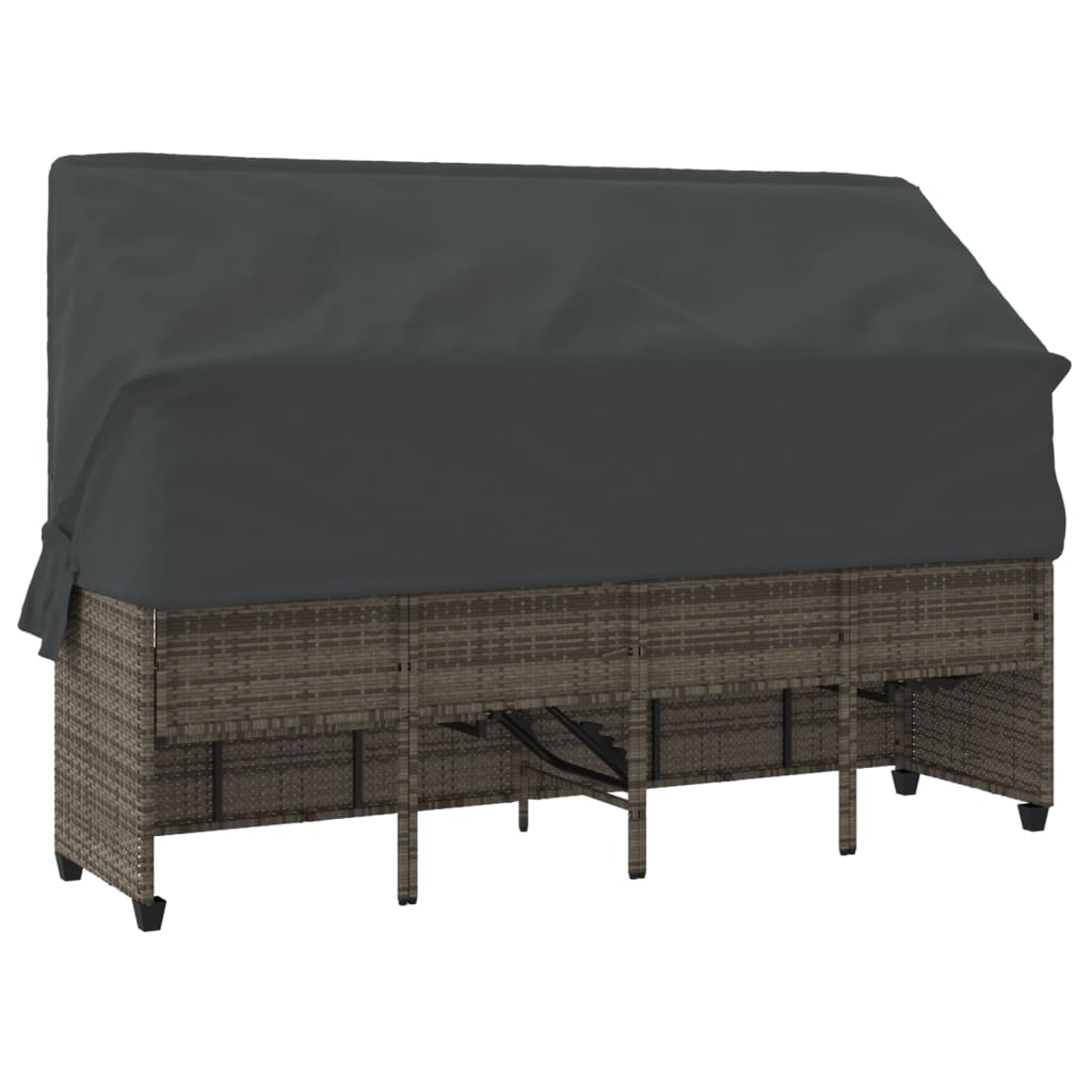 Sun Lounger with Canopy and Cushions Grey Poly Rattan