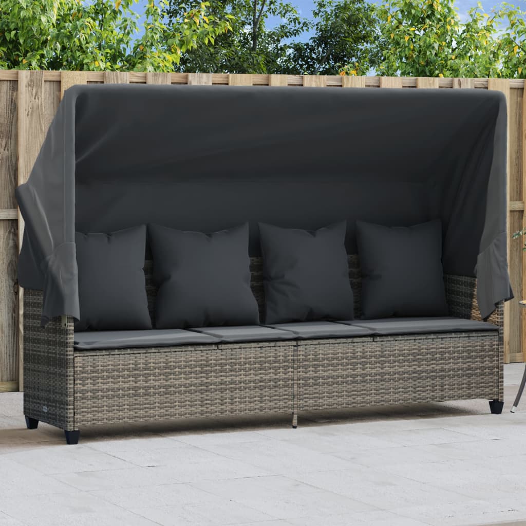 Sun Lounger with Canopy and Cushions Grey Poly Rattan