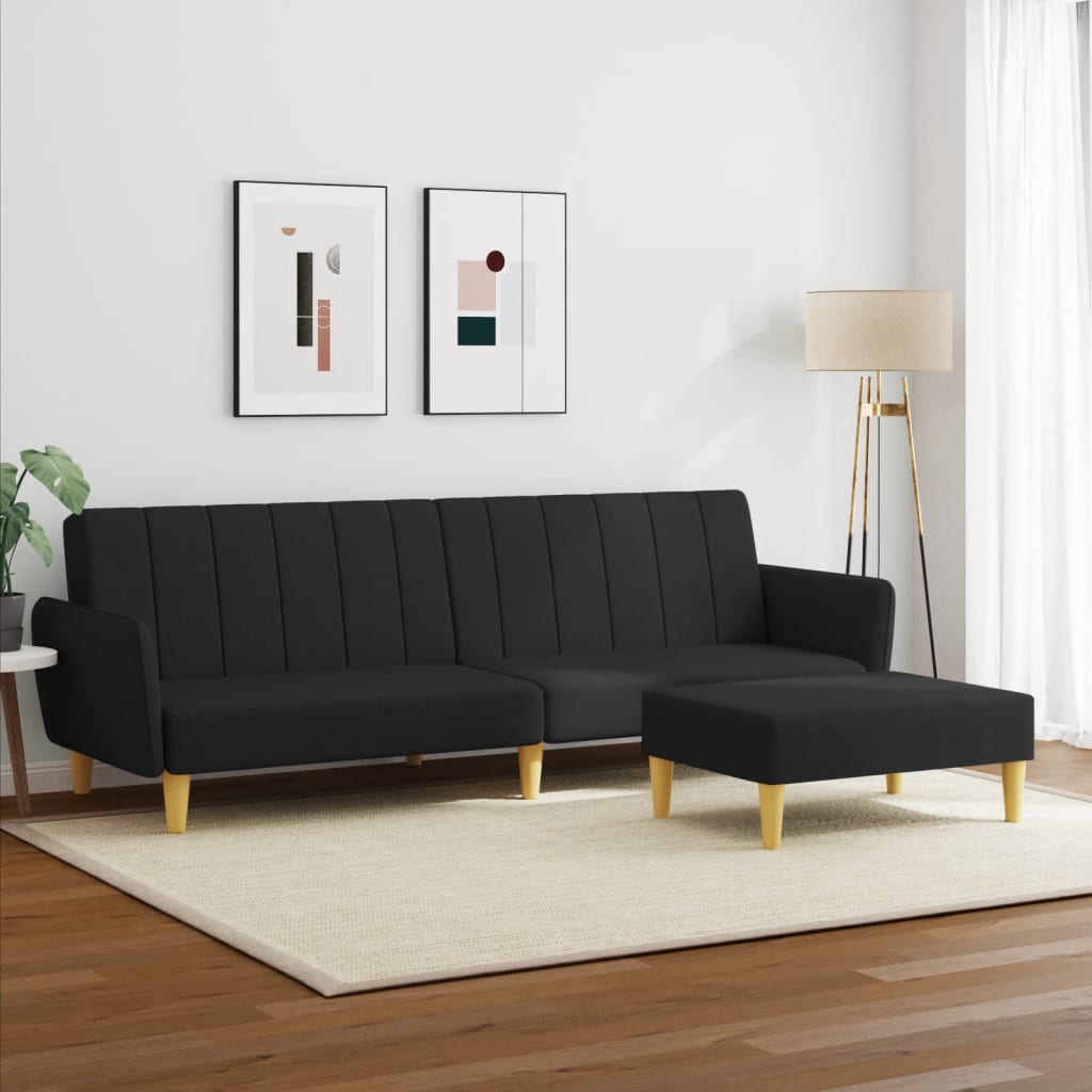 2-Seater Sofa Bed with Footstool Black Fabric