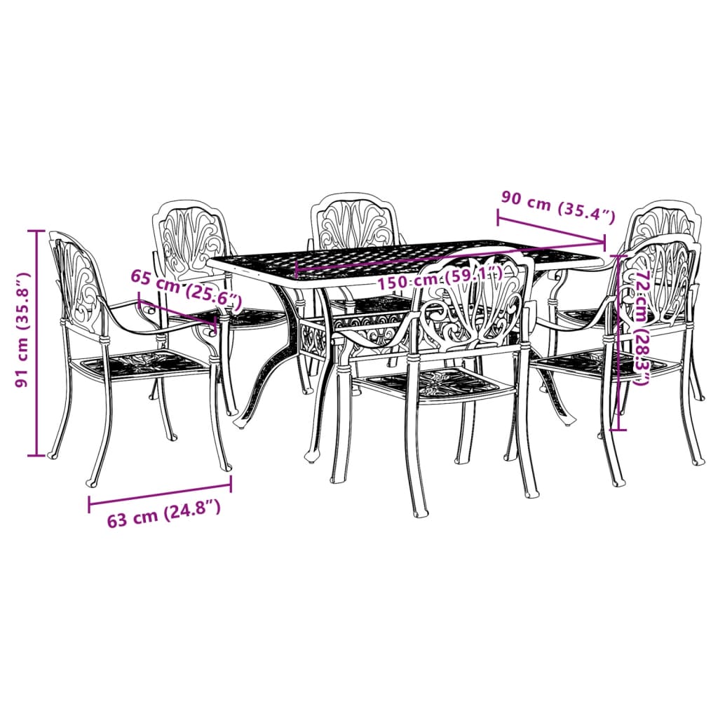 7 Piece Garden Dining Set Black Cast Aluminium