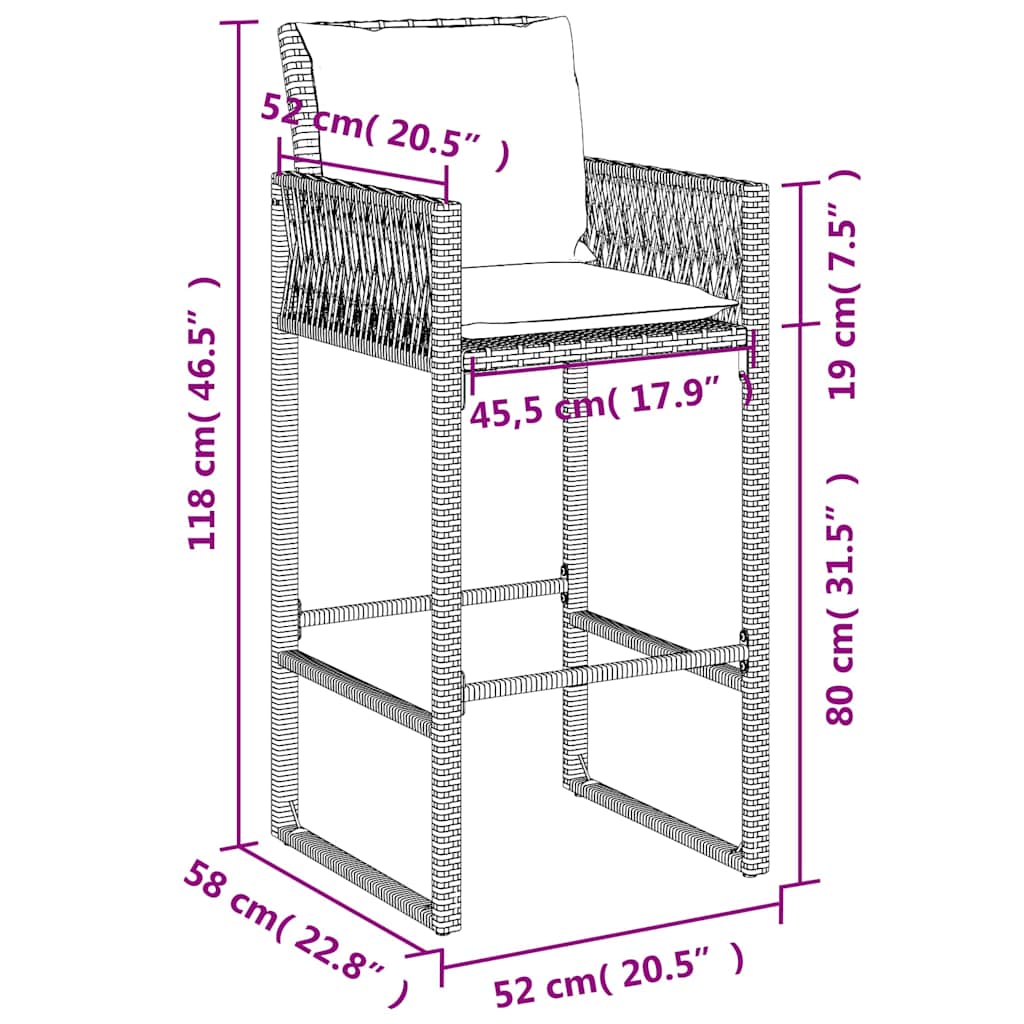 Garden Bar Stools with Cushions 2 pcs Black Poly Rattan
