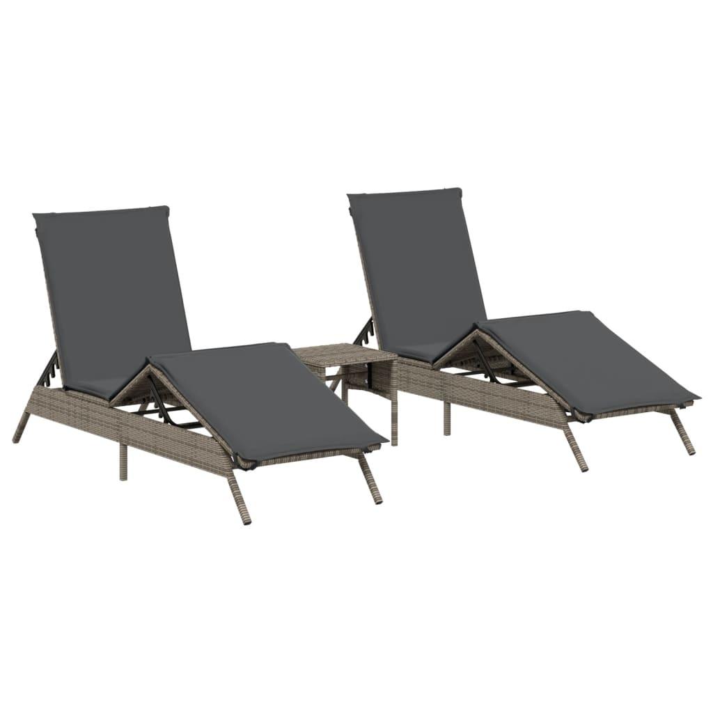 Sun Loungers 2 pcs with Table Grey Poly Rattan