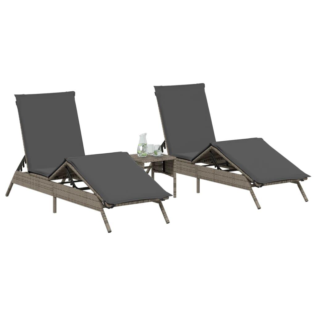 Sun Loungers 2 pcs with Table Grey Poly Rattan
