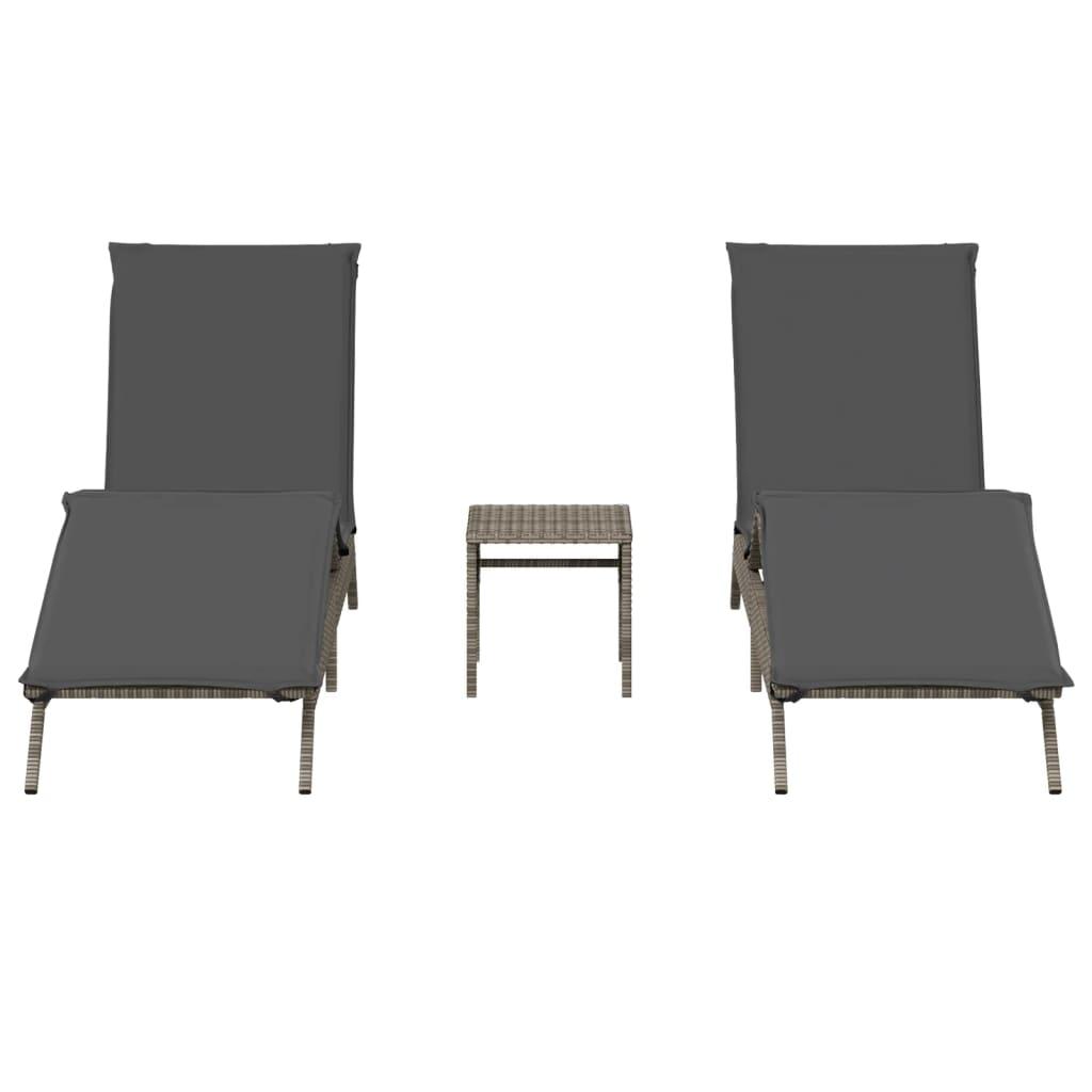 Sun Loungers 2 pcs with Table Grey Poly Rattan